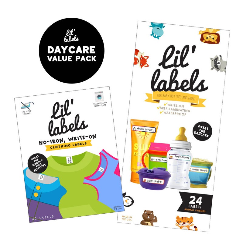 Lil' Labels Daycare Value Pack - Write On Name Labels, Waterproof (Animal Friends) + (Bright White) - Image 1